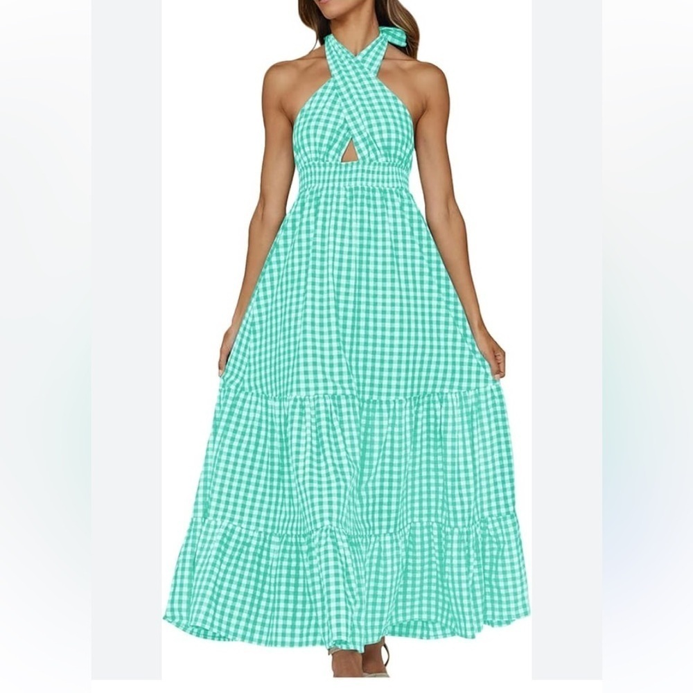 Criss Cross Neck Cut Out Boho Maxi Dress Sleeveless Flowy Ruffle A Line Beach